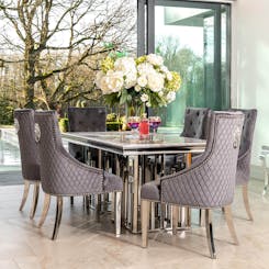 Fleur Grey Marble Dining Set with Pleated Lion Chairs in Grey