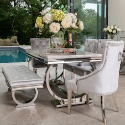 Arianna Grey Marble Dining Set with 4 Annabelle Chairs and Bench