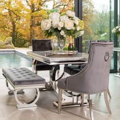 Arianna Grey Marble Dining Set with 4 Annabelle Chairs and Bench