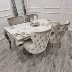 Louis Pandora Marble 1.5m Dining Set with Chelsea Chairs Champagne