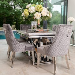 Arturo Grey Marble Dining Set with Pleated Lion Chairs in Grey