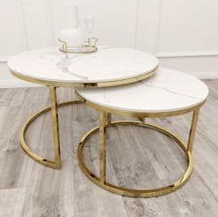 Cato Nest of 2 Round Coffee Gold Tables with Polar White Sintered Stone Tops