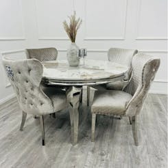 Louis Round Marble Dining Table with Chelseas Chairs Champagne