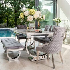 Arianna Grey Marble Dining Set with 4 Bentley Chairs and Bench