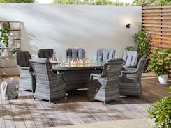 Furvell St Tropez Rattan 6 Seat Dining Set with Oval Fire Pit Table in Grey
