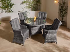 St Tropez Rattan 4 Seat Dining Set with Round Fire Pit Table in Grey